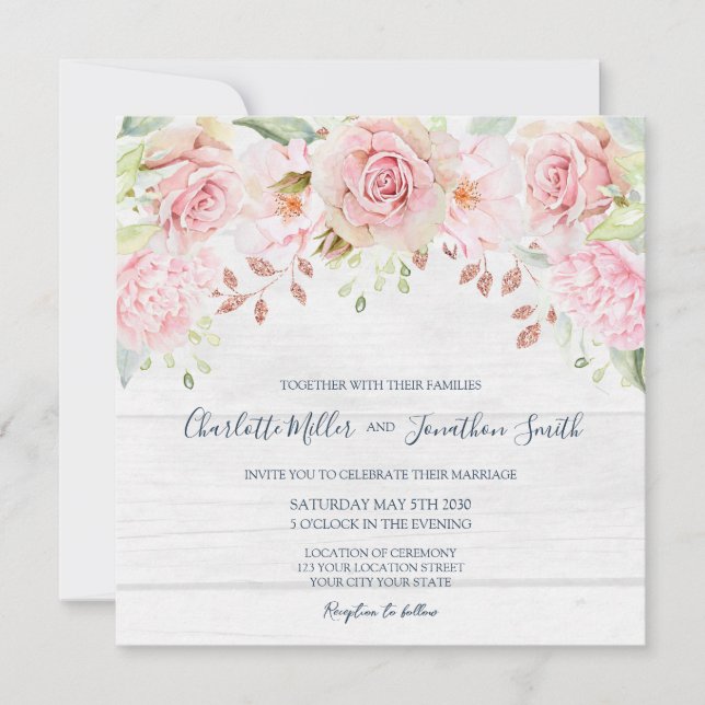 Convites de Casamento Florais Rosa Rústico para a  (Frente)
