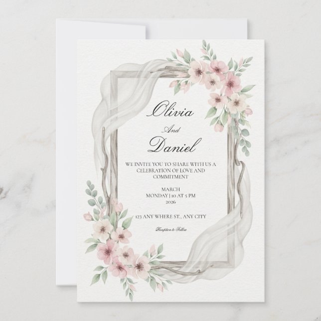 Convites de Casamento Florais Rosa suave (Frente)