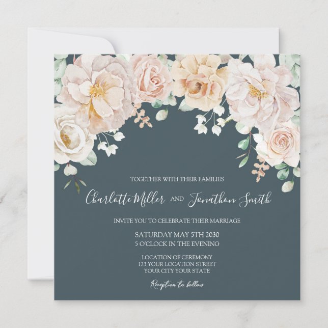 Convites de Casamento Florais Vintage Azul Marinho (Frente)