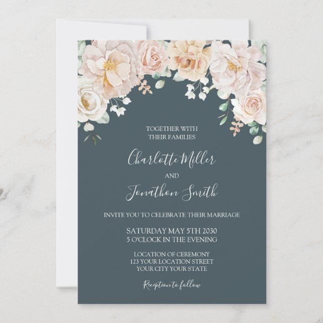 Convites de Casamento Florais Vintage Azul Marinho (Frente)