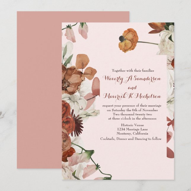 Convites de casamento Floral Burnt Orange Dusty Ro (Frente/Verso)