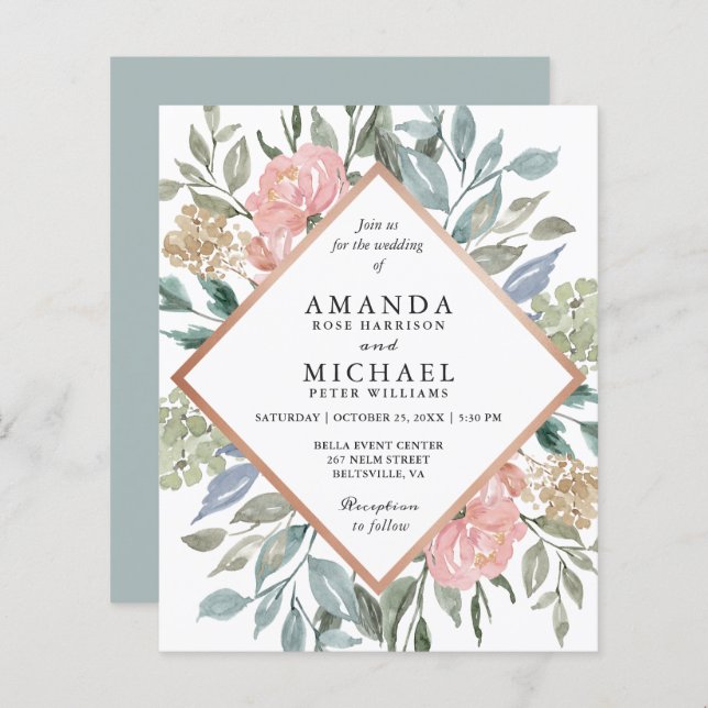 Convites De Casamento Floral Cor-de-Rosa Azul Dust (Frente/Verso)