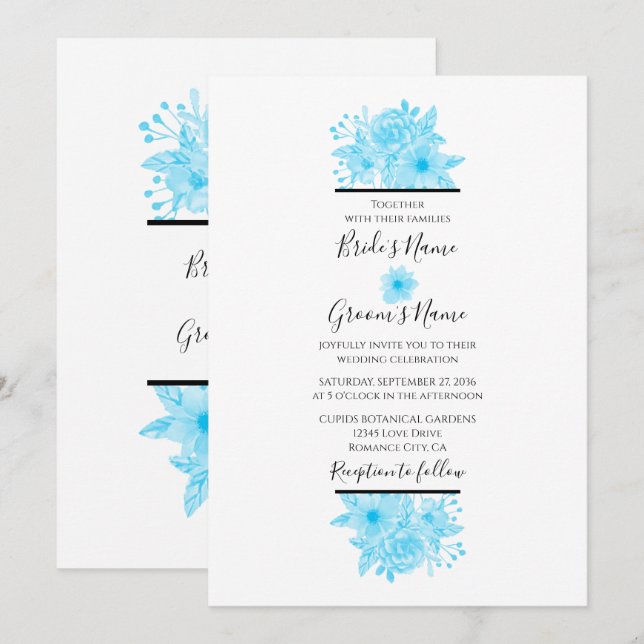 Convites De Casamento Floral De Cor Azul Elegante (Frente/Verso)