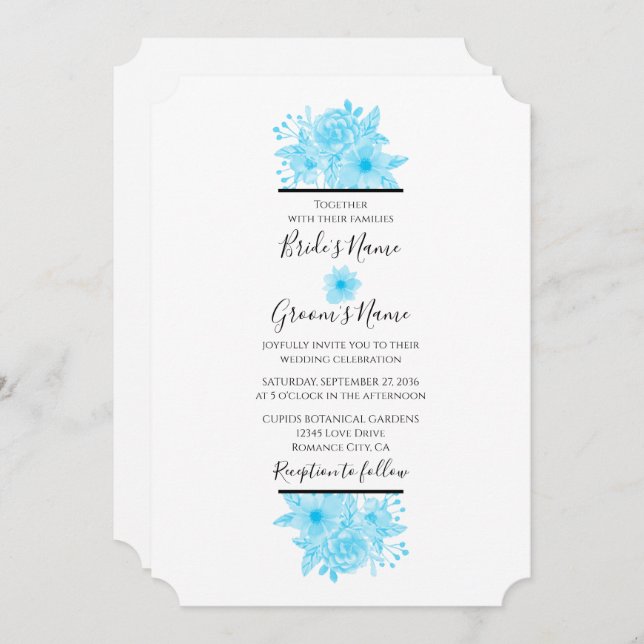Convites De Casamento Floral De Cor Azul Elegante (Frente/Verso)