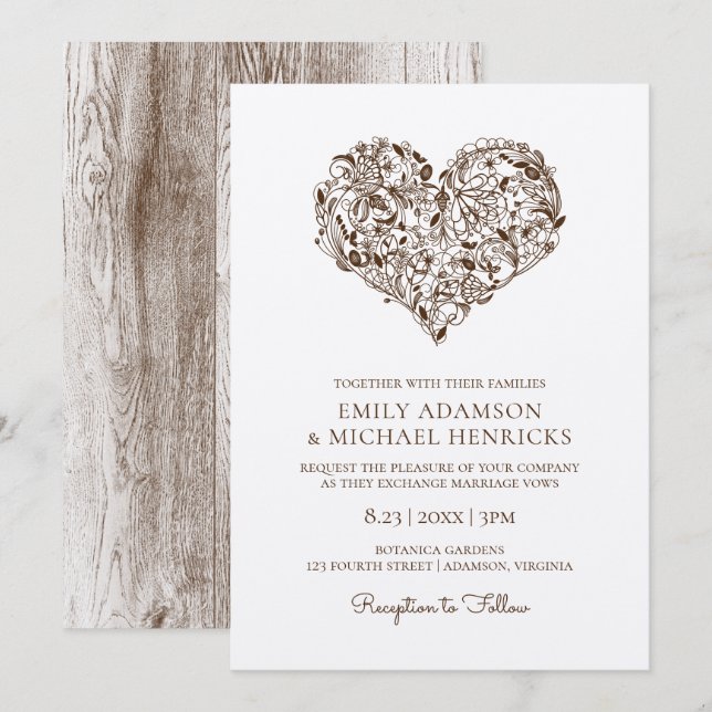 Convites de Casamento Floral Heart | Kraft Marrom (Frente/Verso)