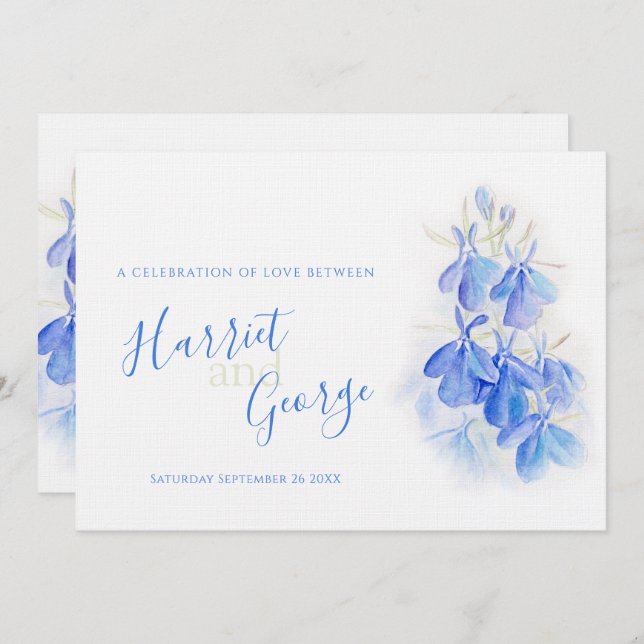 Convites de casamento floral Lobelia blue (Frente/Verso)
