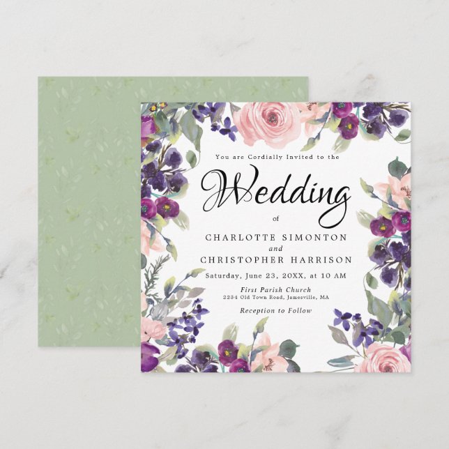 Convites De Casamento Floral Quadrado De Plum Blus (Frente/Verso)