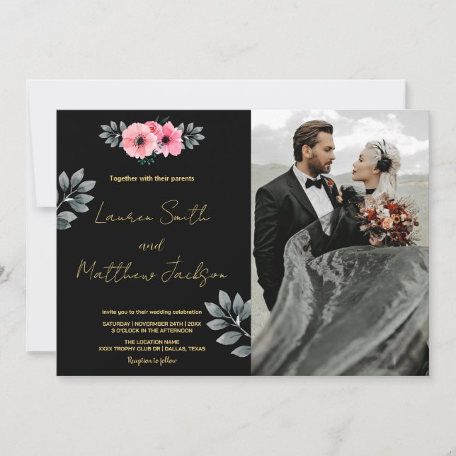 Convites de Casamento Floral Rosa com Fotografia (Frente)