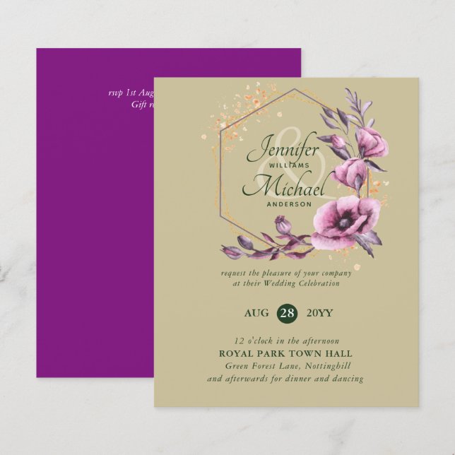 Convites de Casamento Floral Roxo Dourado ORÇAMENT (Frente/Verso)