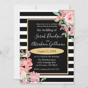 Convites de Casamento Flores Rosas Listras Preto e