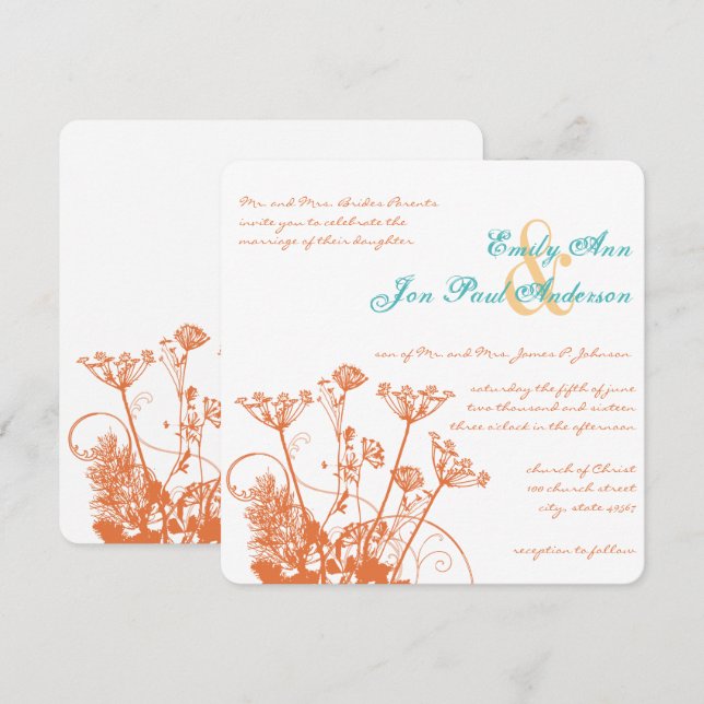 Convites de Casamento Flores Silvestres Rosa Coral (Frente/Verso)