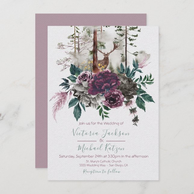 Convites de Casamento Florestal Woodland Watercolo (Frente/Verso)