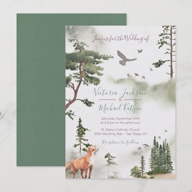 Convites de Casamento Florestal Woodland Watercolo (Frente/Verso)