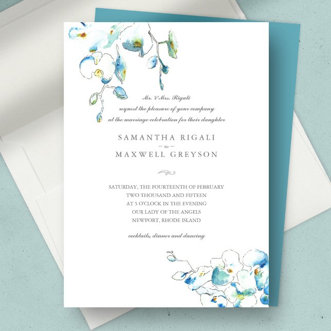 Convites de Casamento Formais Florais em Aquarela  (wedding invitation blue floral watercolor)