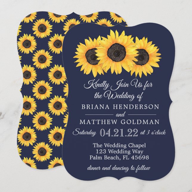 Convites de Casamento Girassóis Azul País (Frente/Verso)