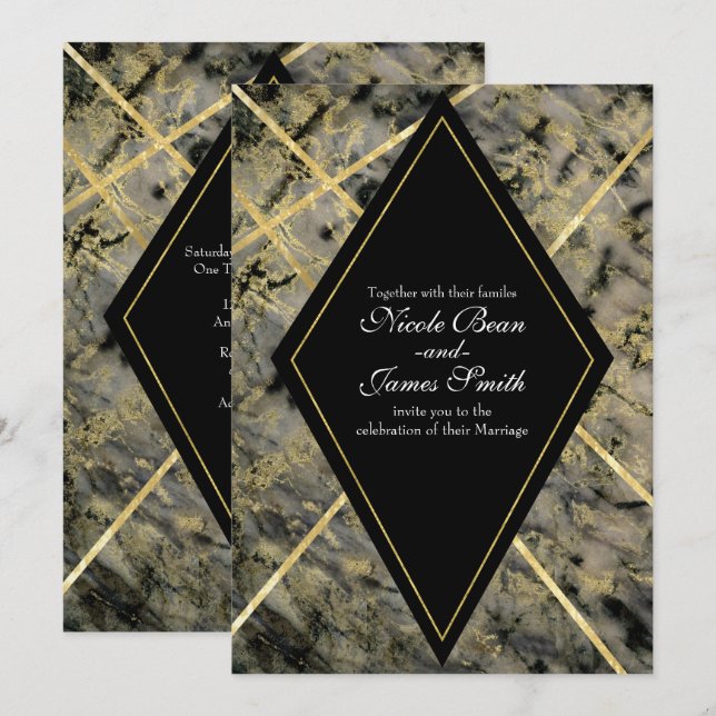 Convites de Casamento Glam Black & Gold Marble (Frente/Verso)