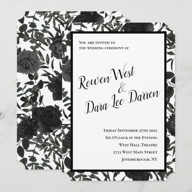 Convites de Casamento Gótico Rosa Branca e Preta (Frente/Verso)