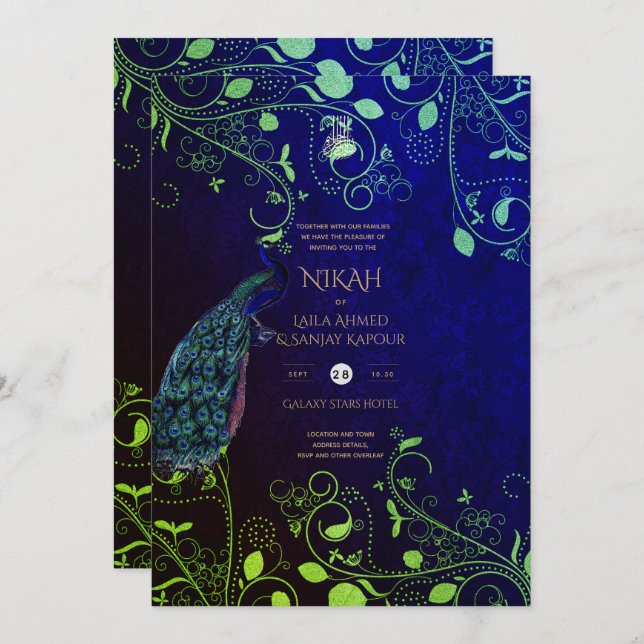 Convites de casamento Islâmicos Azul de Peacock Le (Frente/Verso)