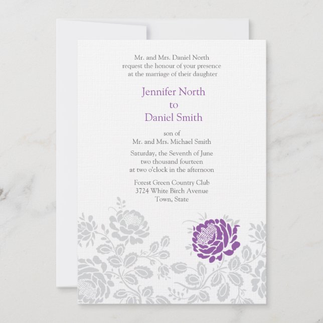 Convites de Casamento Lavanda e Cinza em Damask (Frente)