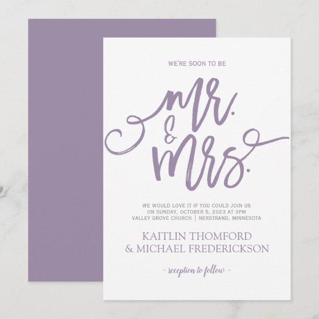 Convites de Casamento Lilás-Roxo | Caligrafia Pinc (Frente/Verso)