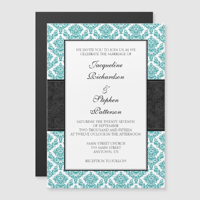 Convites de casamento Magnéticos Azul Teal Black D (Frente/Verso)