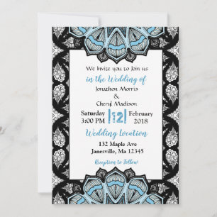 Convites de Casamento Mandala Azul, Preto e Branco