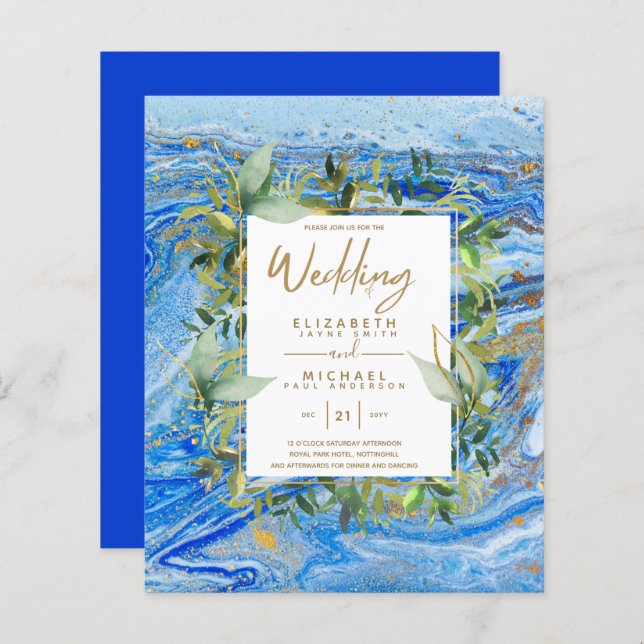 Convites de Casamento Marble Blue Gold Greenery EC (Frente/Verso)