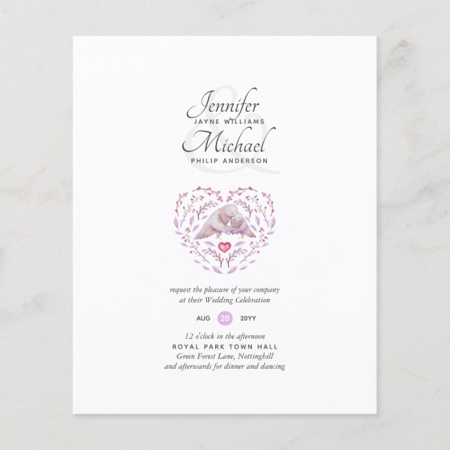 Convites de casamento Mauve Pássaros do Amor Orçam (Frente)