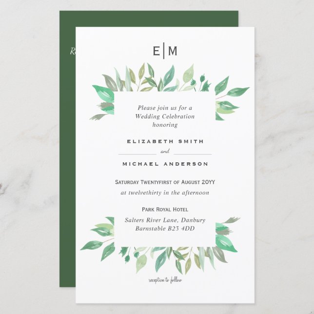 Convites de Casamento Modern Greenery Monogram Orç (Frente/Verso)