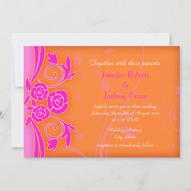Convites de Casamento Modernos Laranja e Rosa Flam (Frente)