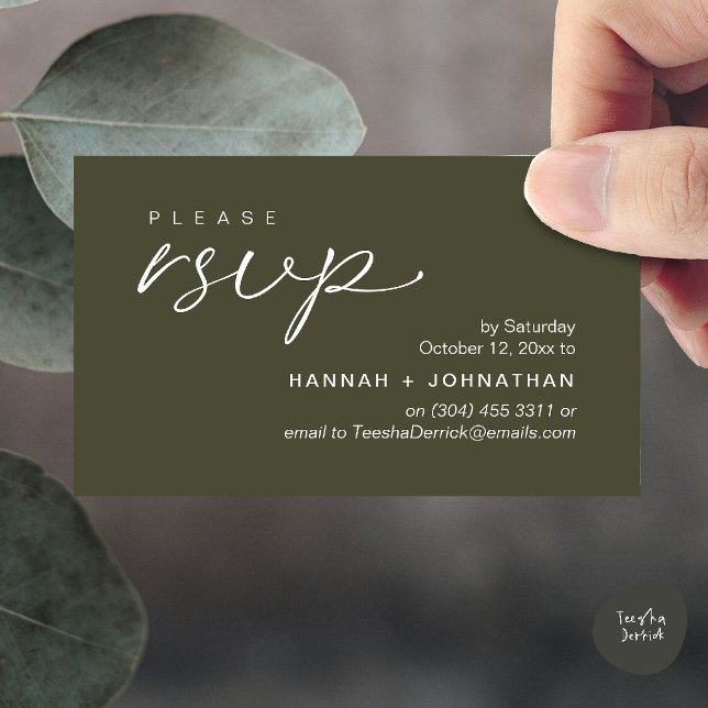 Convites de Casamento Modernos Românticos Cartão d (Modern Romantic Wedding Invites RSVP Reminder Card in Olive Green)