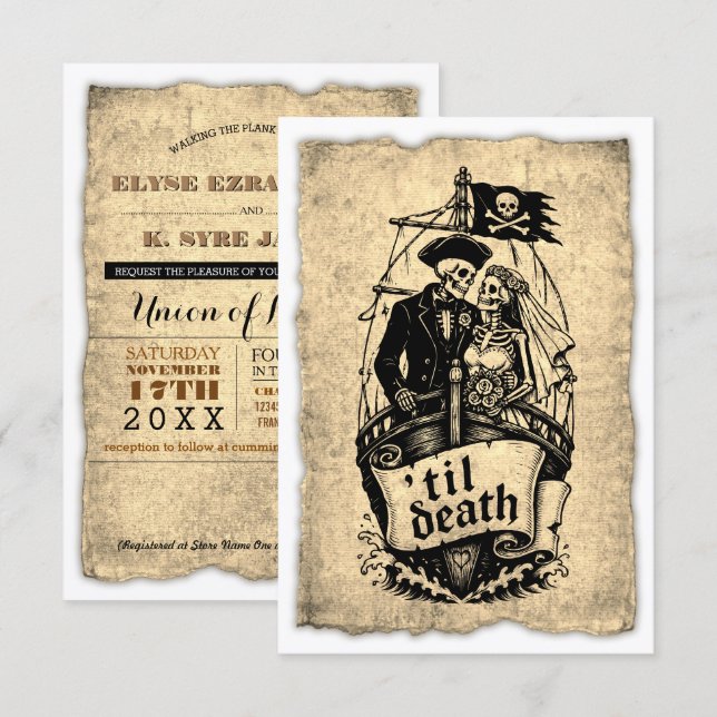 convites de casamento navio pirata até a morte (Frente/Verso)