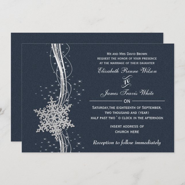 Convites de Casamento no inverno Blue Silver Snowf (Frente/Verso)