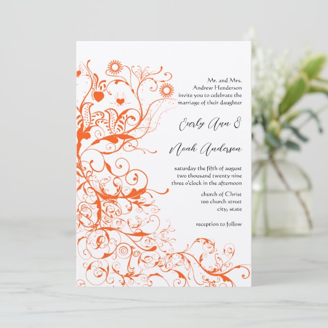 Convites de Casamento Orange Coral Birds & Swirls (Em pé/Frente)
