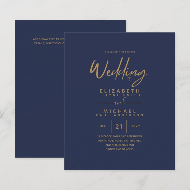 Convites de Casamento Orçamento Azul Moderno Doura (Frente/Verso)