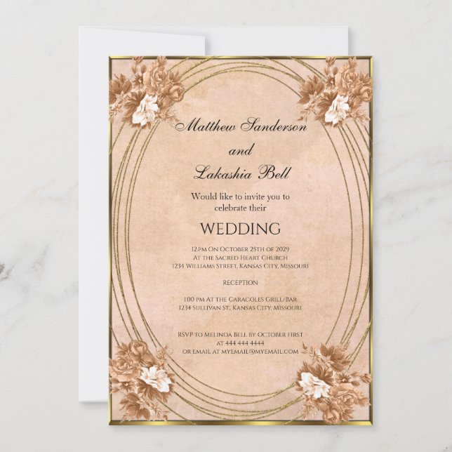 Convites de casamento outono cores flores dourado (Frente)