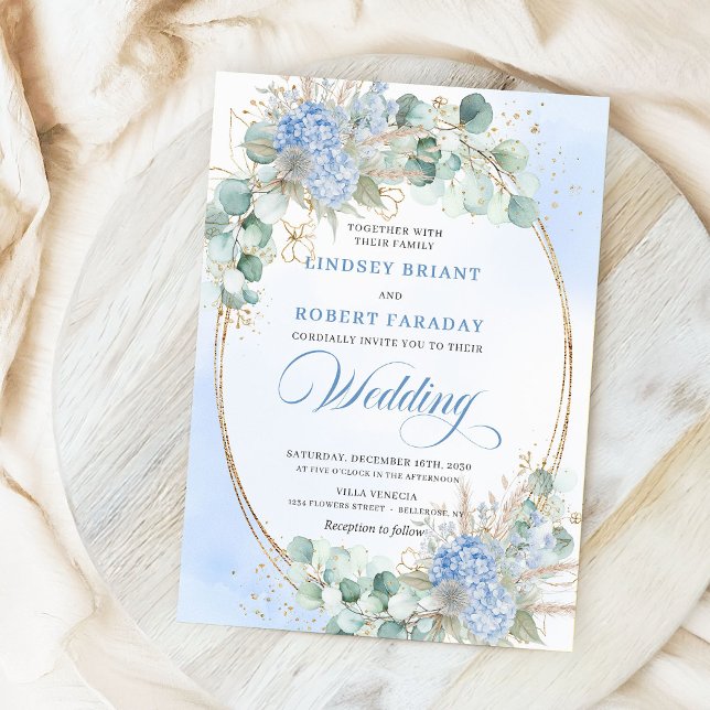 Convites de Casamento Oval em Trigo Floral Azul Lu (Luxury Blue Floral Wheat Gold Oval Wedding Invitation)