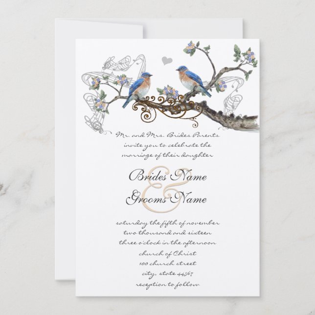 Convites de Casamento Pássaros Azuis Vintage (Frente)