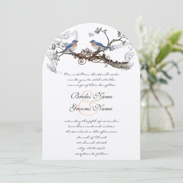 Convites de Casamento Pássaros Azuis Vintage (Em pé/Frente)