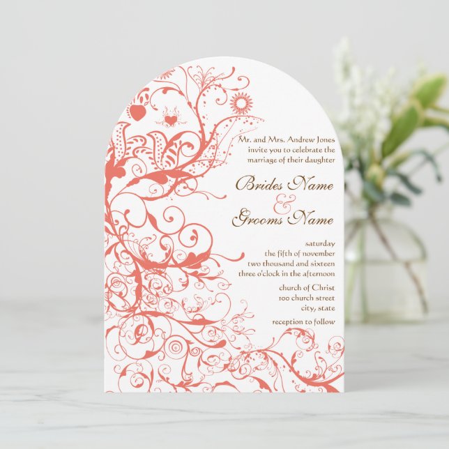 Convites de Casamento Pássaros de Coral & Espirais (Em pé/Frente)