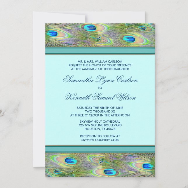 Convites de Casamento Pavão Azul Turquesa (Frente)