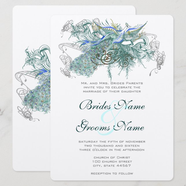 Convites de Casamento Pavão Conto de Fadas (Frente/Verso)