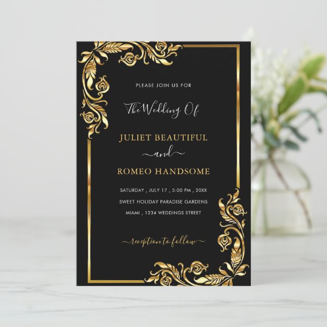 Convites de Casamento Personalizados Preto Dourado (Em pé/Frente)