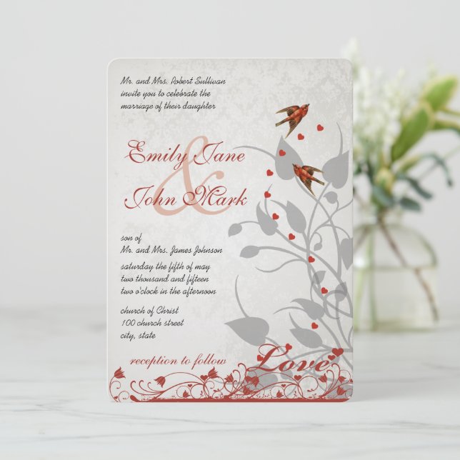 Convites de Casamento Prata com Corações de Pássar (Em pé/Frente)
