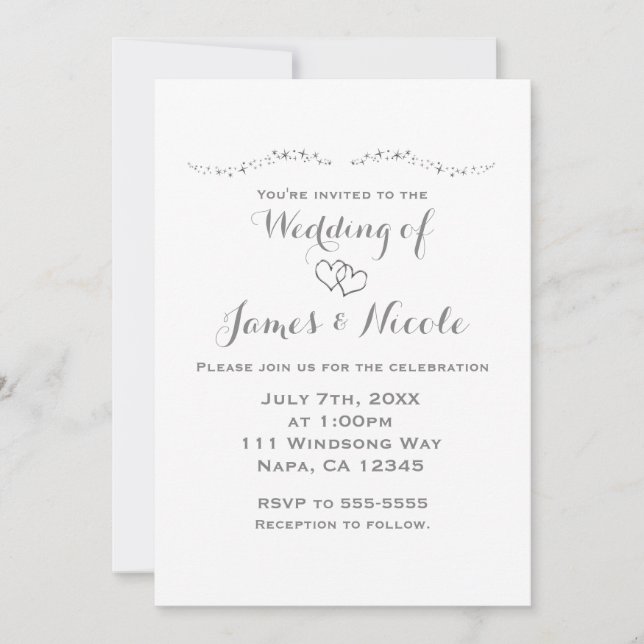 Convites de Casamento Prata Corações & Brilho Bran (Frente)