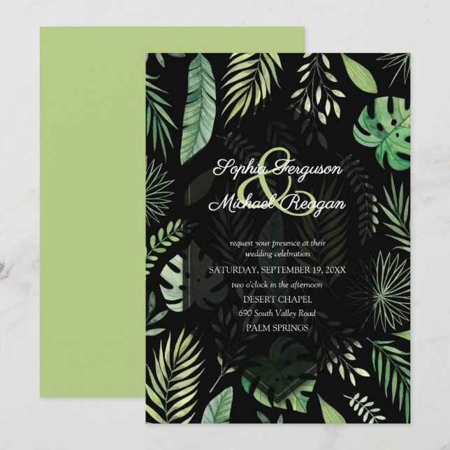 Convites de Casamento Preto Botânico de Verdura Tr (Frente/Verso)