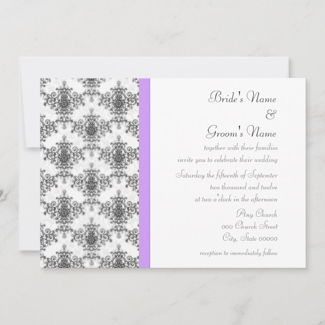 Convites de Casamento Preto Branco Roxo Damasko (Frente)
