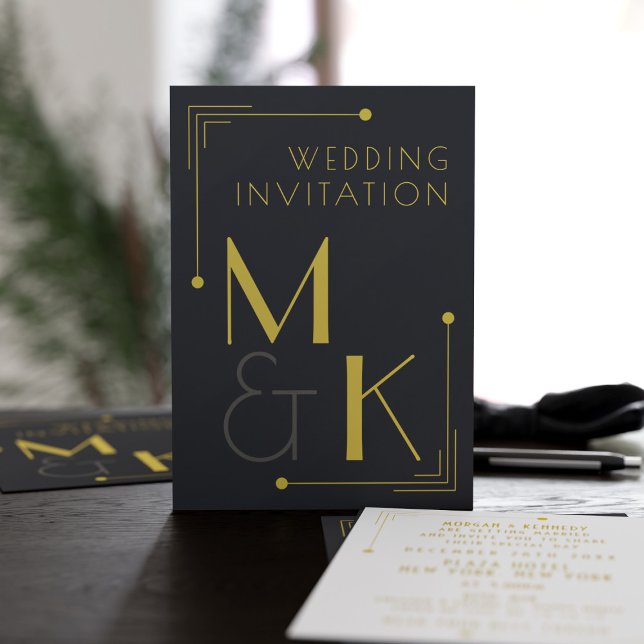 Convites de Casamento Preto Dourado Estilo Art Déc (A black and gold 1920's vibe Gatsby Wedding style invitation. Add the details of yours)