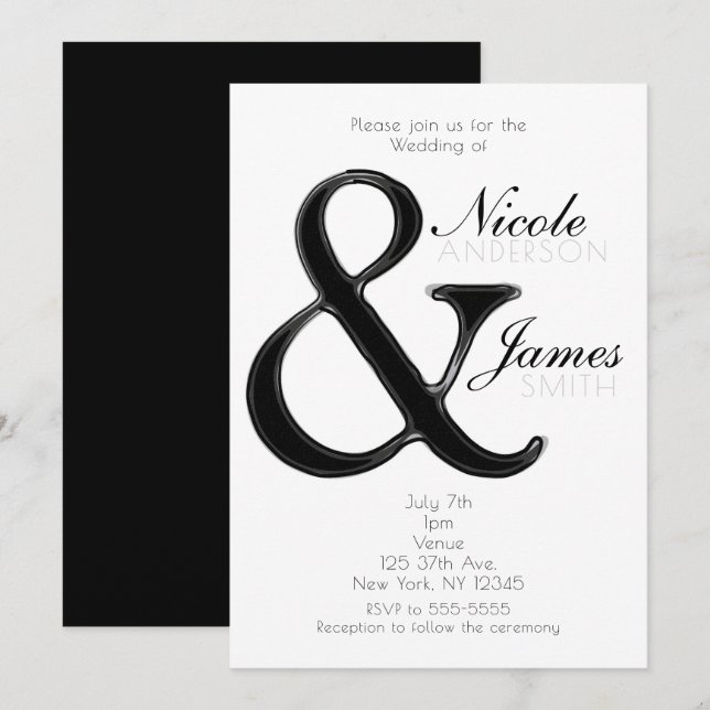 Convites de Casamento Preto e Branco Ampersand Chi (Frente/Verso)