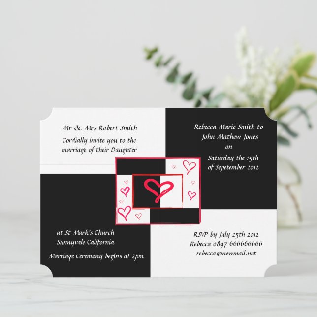 Convites de casamento preto e branco coração de am (Em pé/Frente)